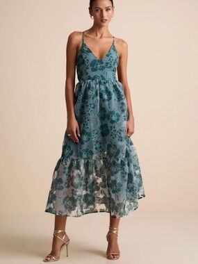 Lulu's Teal Floral V-Neck Midi Dress with Delicate Straps